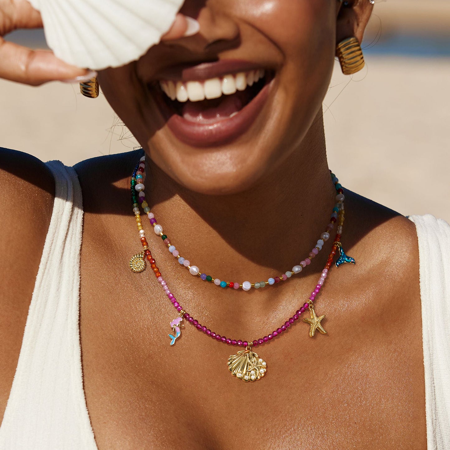 KissYan Beaded Necklace Beach Shell Star Starfish Mermaid