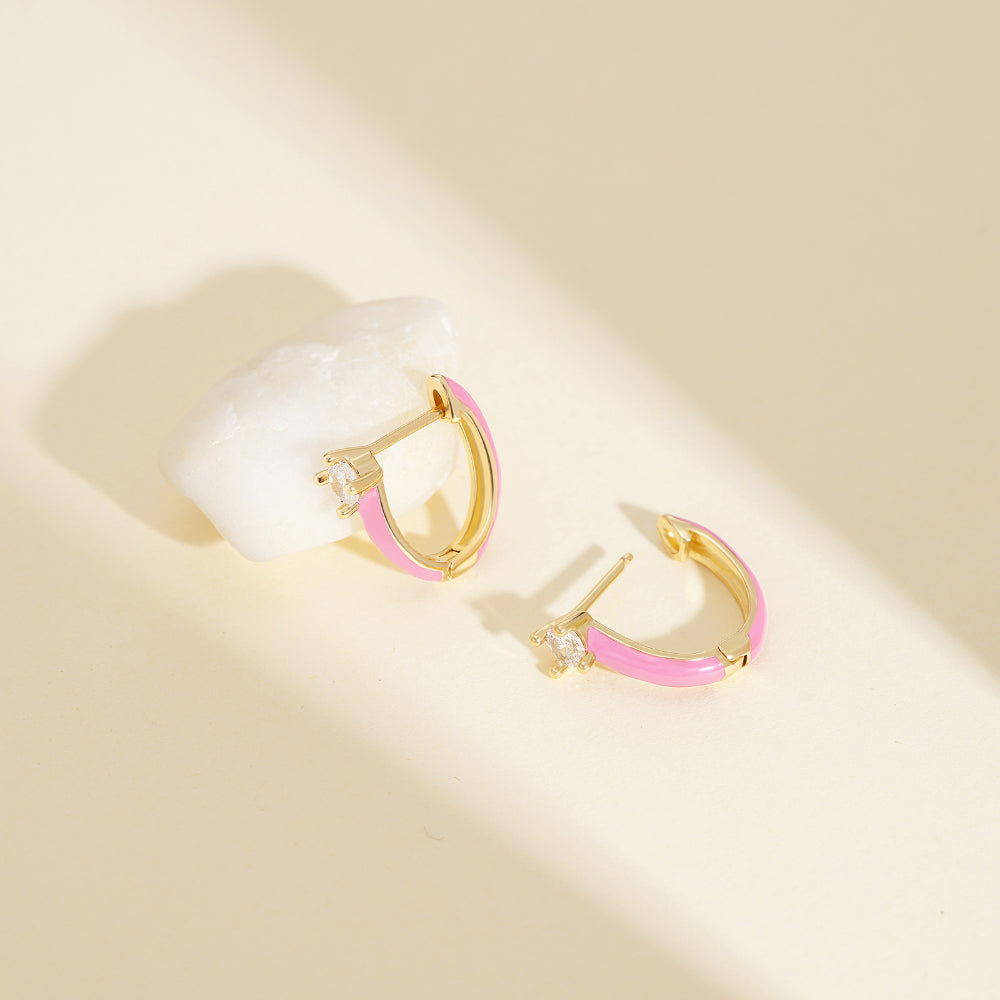 Gold Huggie Enamel Earrings Colorful Small Hoop Cuff Earrings-Pink