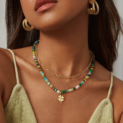 KissYan Beaded Layered Pendant Necklace with Link Chain