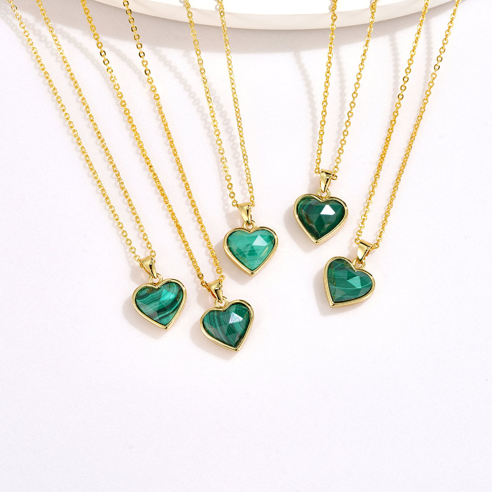 Gold Malachite Crystal Heart Pendant Necklace