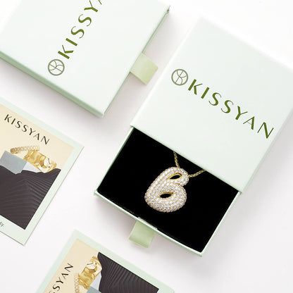 KissYan Bubble Letter Necklace, 14K Gold Plated Balloon Initial Pendant Box Chain Necklace Dainty Pave CZ Jewelry Gift for Women