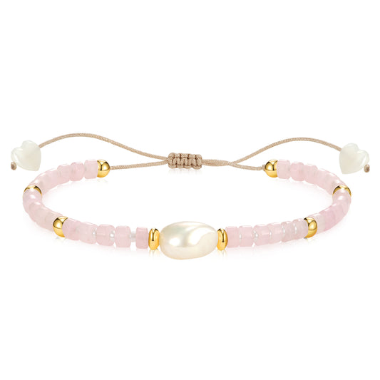 Adjustable Healing Crystal Bracelet Natural Rose Quartz Gemstones Beads with Irregular Pearl