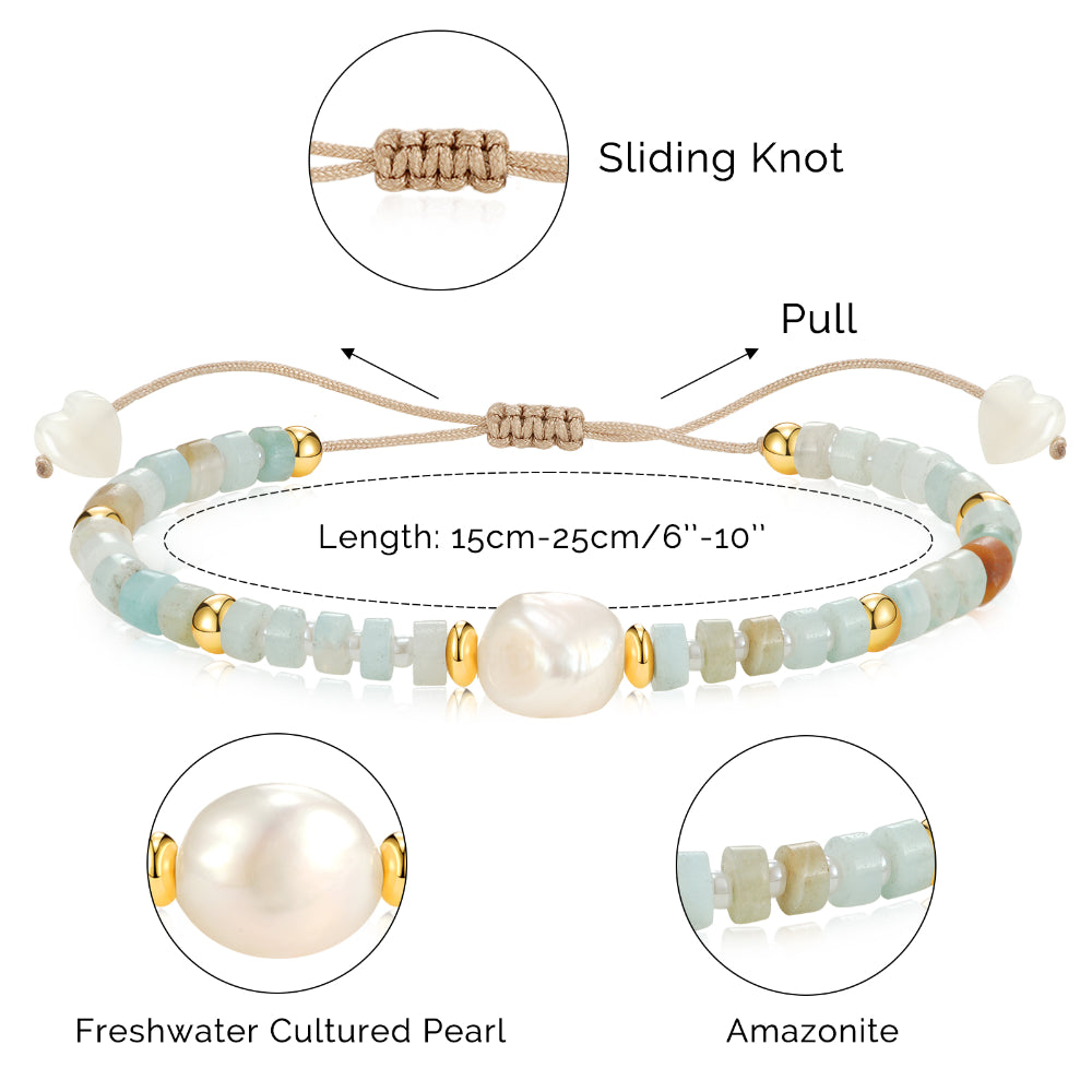 Adjustable Healing Crystal Bracelet Natural Amazonite Gemstones Beads with Irregular Pearl