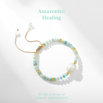 Adjustable Healing Crystal Bracelet Natural Amazonite Gemstones Beads with Irregular Pearl