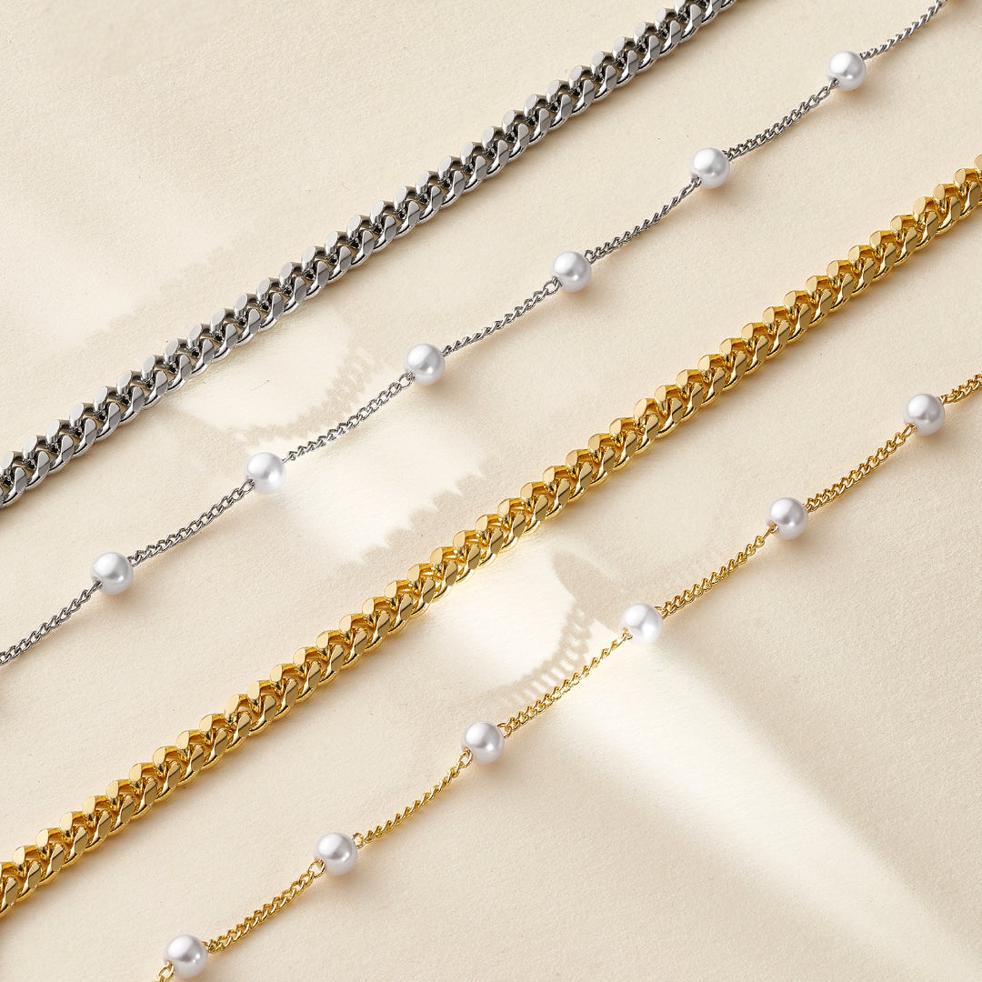 Dainty Layered Paperclip Tiny Pearl Cuban Link Chain Bracelets Set