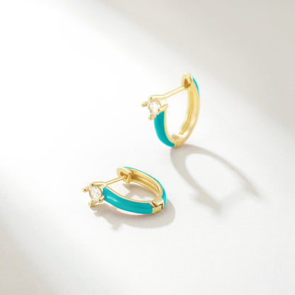 Gold Huggie Enamel Earrings Colorful Small Hoop Cuff Earrings-Teal