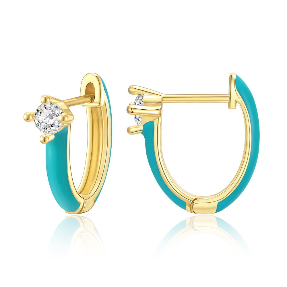 Gold Huggie Enamel Earrings Colorful Small Hoop Cuff Earrings-Teal