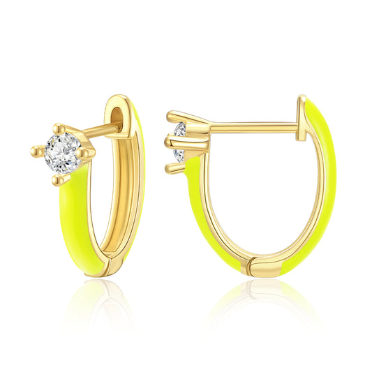 Gold Huggie Enamel Earrings Colorful Small Hoop Cuff Earrings-Lemon Yellow