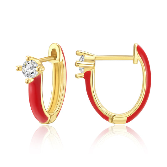 Gold Huggie Enamel Earrings Colorful Small Hoop Cuff Earrings-Red