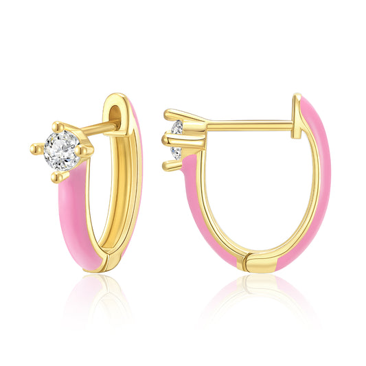 Gold Huggie Enamel Earrings Colorful Small Hoop Cuff Earrings-Pink