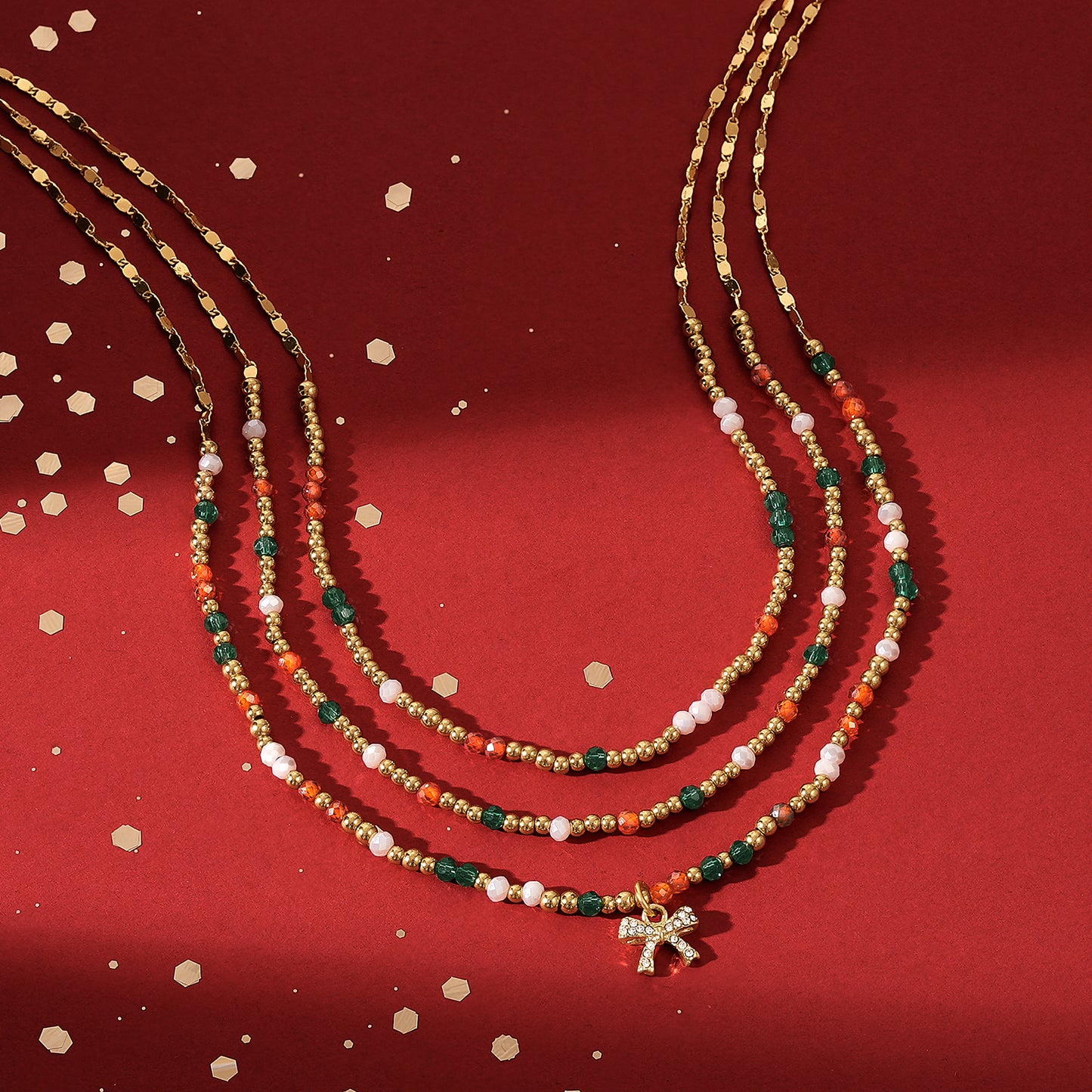 KissYan Christmas Bow Natural Gemstone Bead Festival Necklace