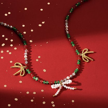KissYan Christmas Bow Natural Gemstone Bead Festival Necklace