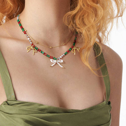 KissYan Christmas Bow Natural Gemstone Bead Festival Necklace