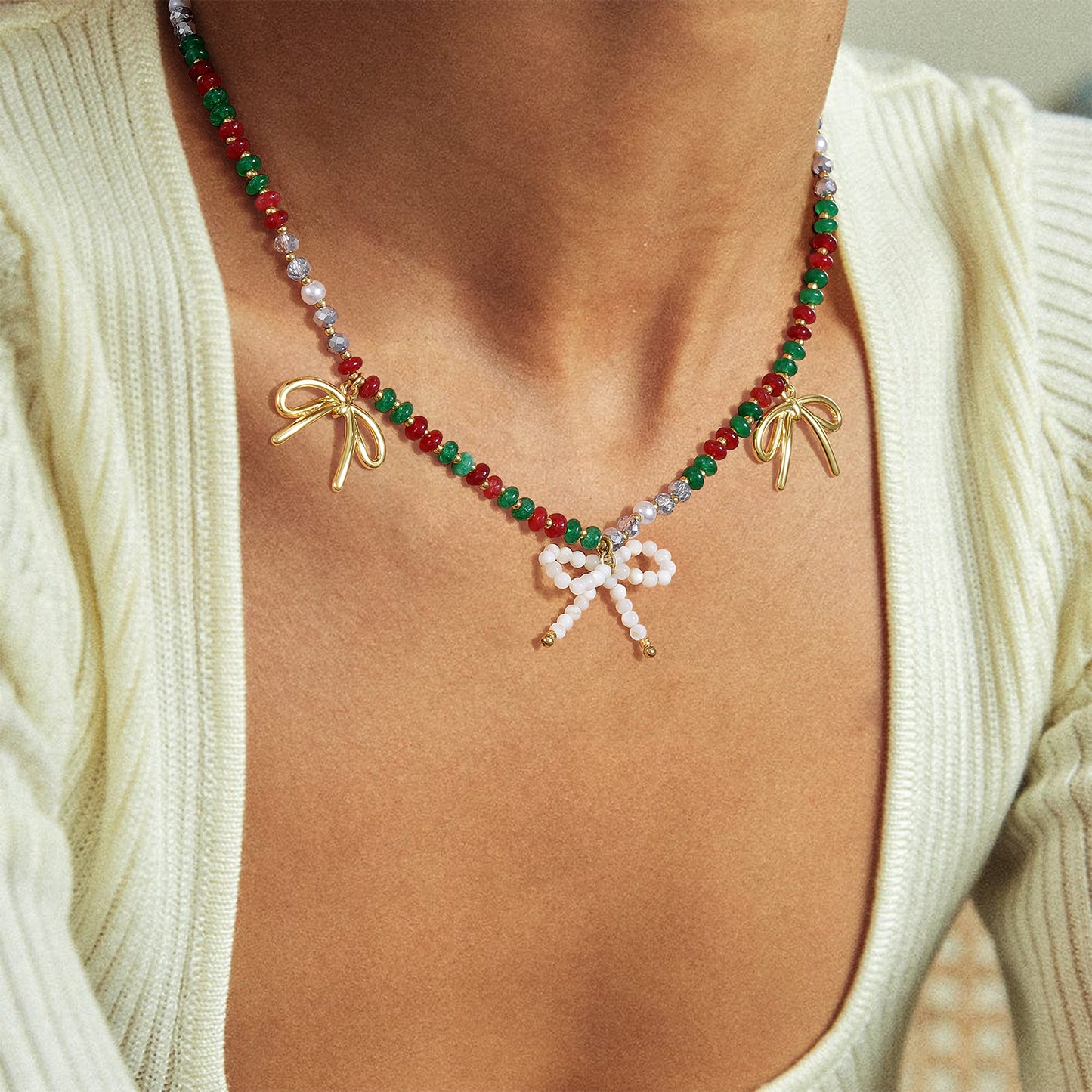 KissYan Christmas Bow Natural Gemstone Bead Festival Necklace