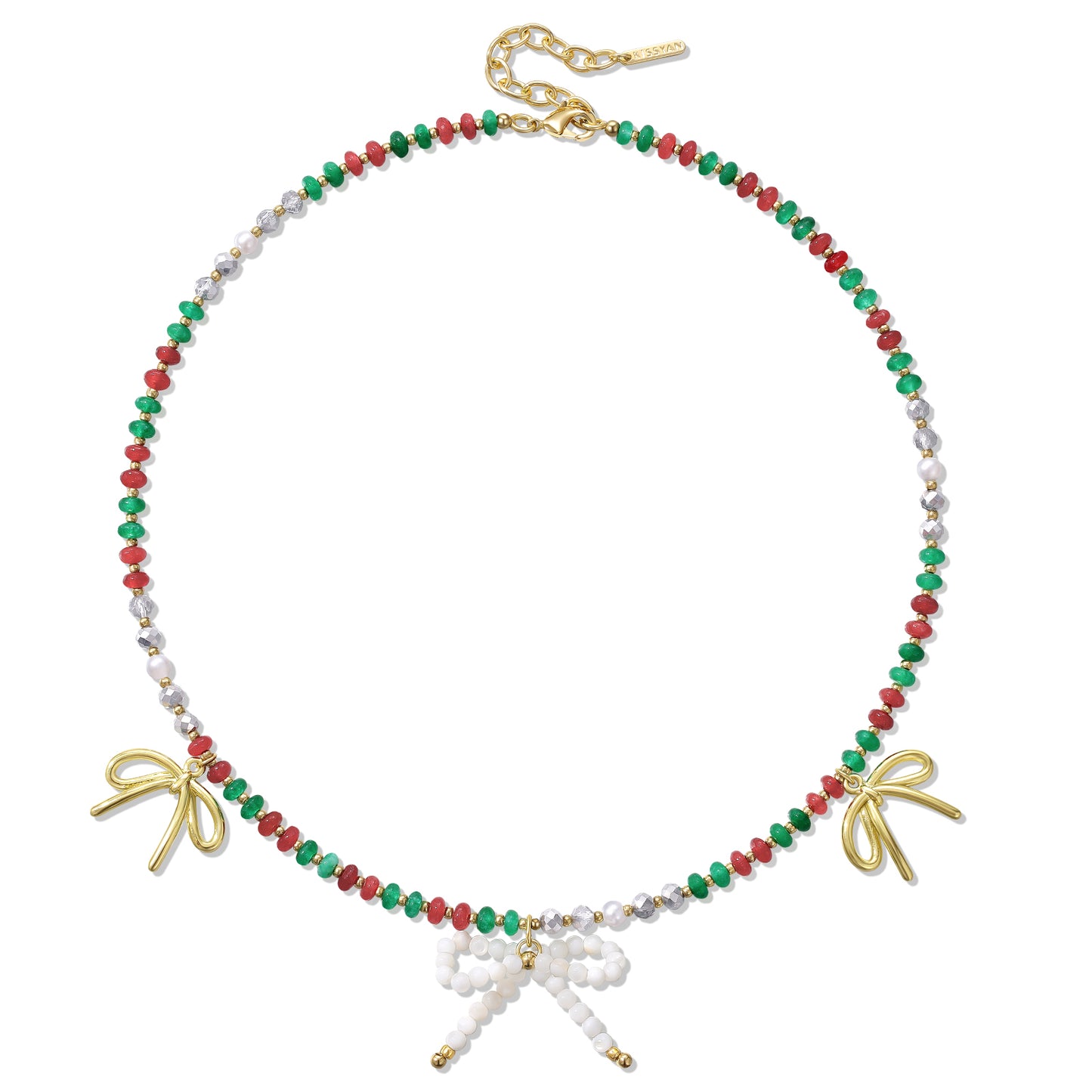 KissYan Christmas Bow Natural Gemstone Bead Festival Necklace