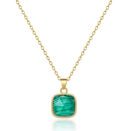 Bubble Letter 14K Gold Plated Healing Crystal Necklace Natural Energy Stone Pendant Necklace - Malachite