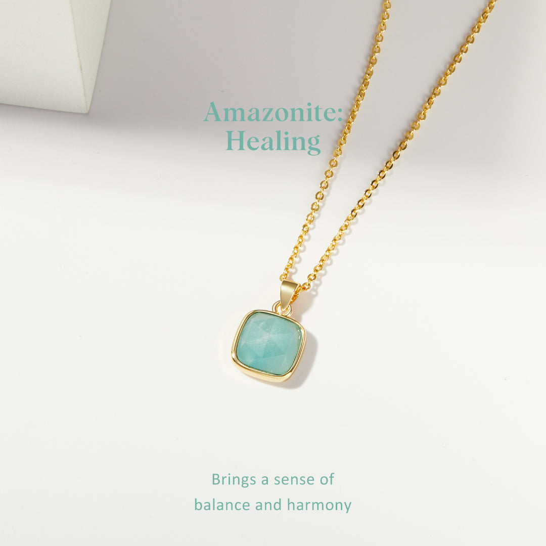 14K Gold Plated Healing Crystal Necklace Natural Energy Stone Pendant Necklace - Amazonite