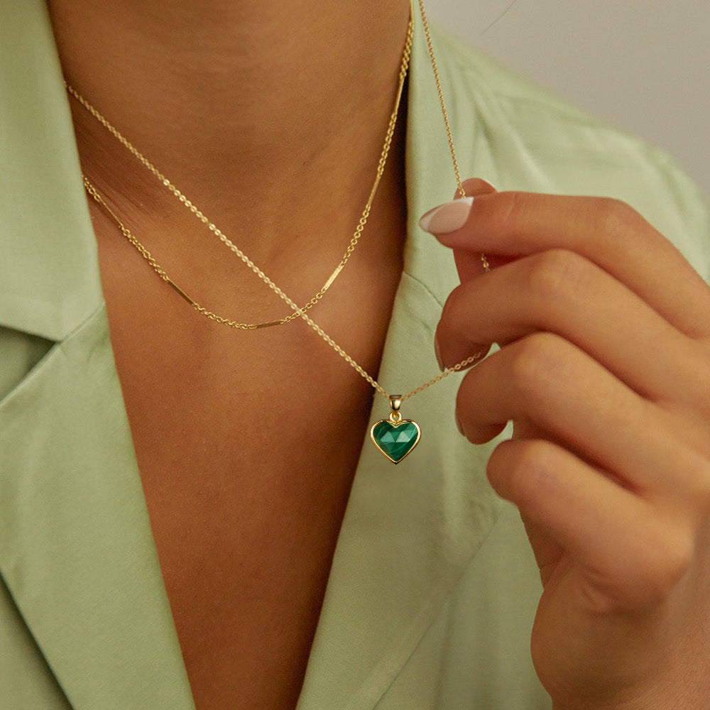 Gold Malachite Crystal Heart Pendant Necklace