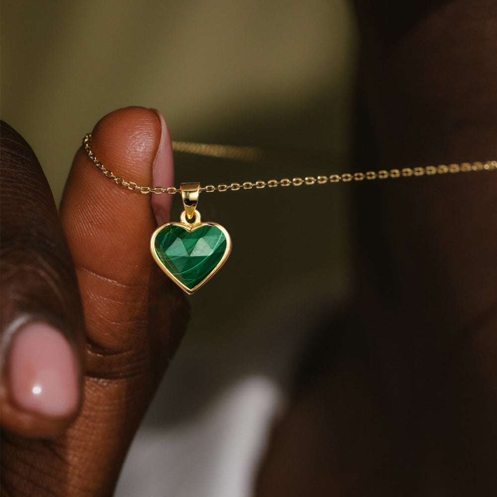 Gold Malachite Crystal Heart Pendant Necklace