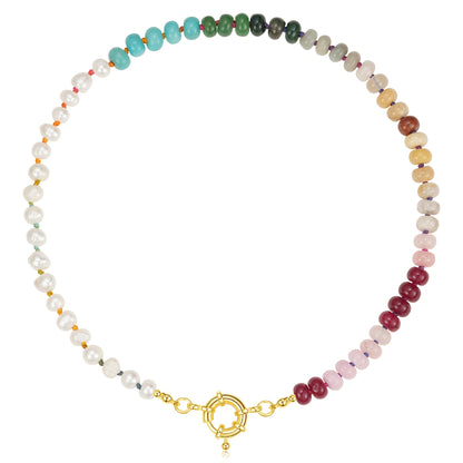 Natural Beaded Gemstone Colorful & Freshwater Pearl Choker Necklace