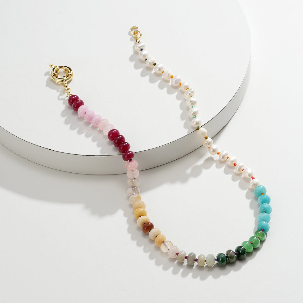 Natural Beaded Gemstone Colorful & Freshwater Pearl Choker Necklace