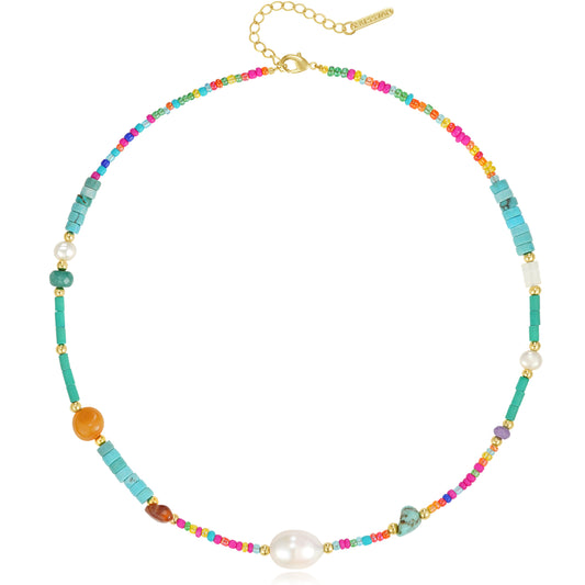 Natural Beaded Gemstone Colorful & Pearl Choker Necklace