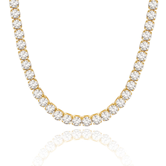 14K Gold Diamond Tennis Necklace with Round CZ against white backdrop