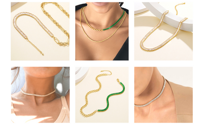 14K Gold Diamond Tennis Necklace CZ Baguette Tennis Chain