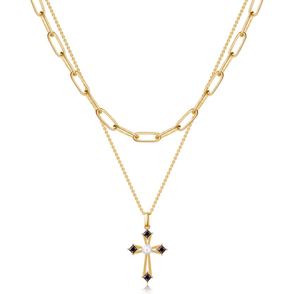 Stylish Black Diamond Cross Layered Necklace