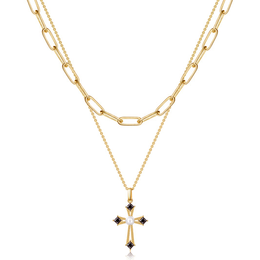 Stylish Black Diamond Cross Layered Necklace