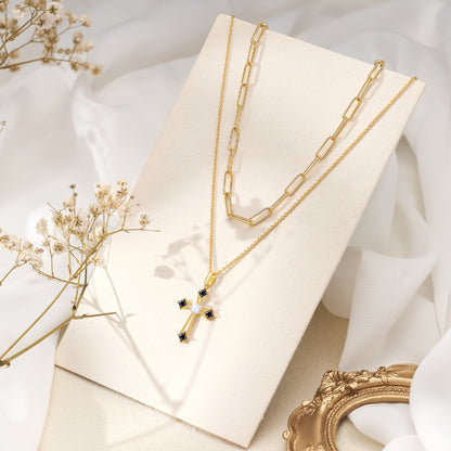 Stylish Black Diamond Cross Layered Necklace