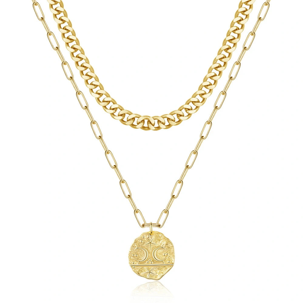 14K Gold Layered Moon Star Medallion Necklace on a white background