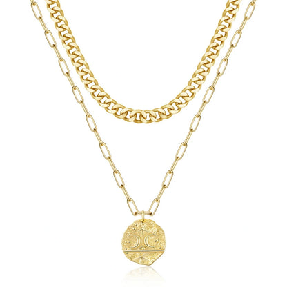 14K Gold Layered Moon Star Medallion Necklace on a white background