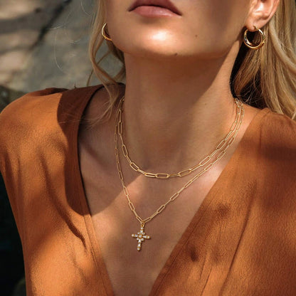 Dainty 14K Gold Layered Paperclip Cross Pendant Necklace