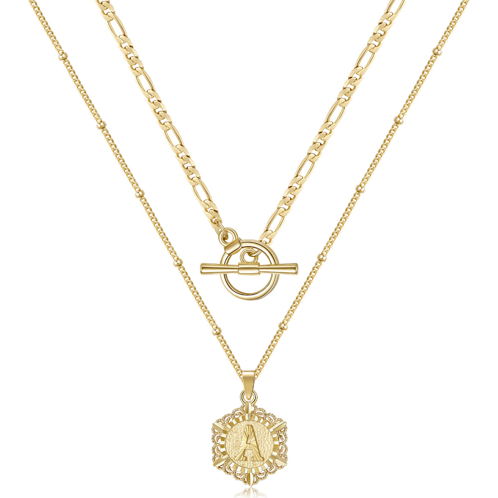 14K Gold Hexagon Initial Necklace on White Background