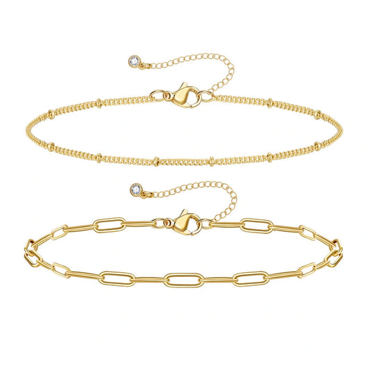 Dainty 14k Gold Plated Layering Anklets Bracelets Set- Paperclip & Satellite