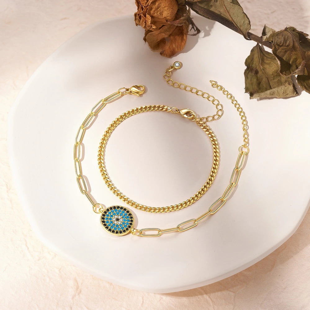 Chic 14k Gold Plated Evil Eye Bracelet with Round Eye Charm