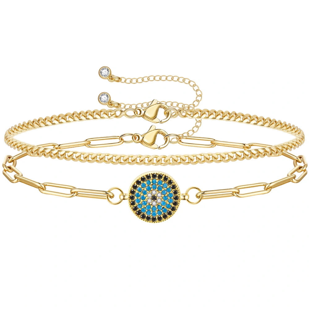 14k Gold Plated Dainty Layered Evil Eye Bracelets with Round Eye