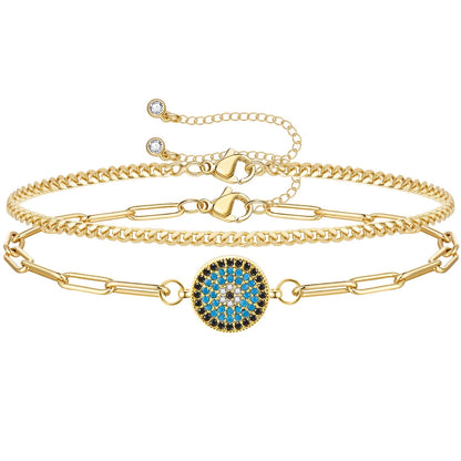 14k Gold Plated Dainty Layered Evil Eye Bracelets with Round Eye