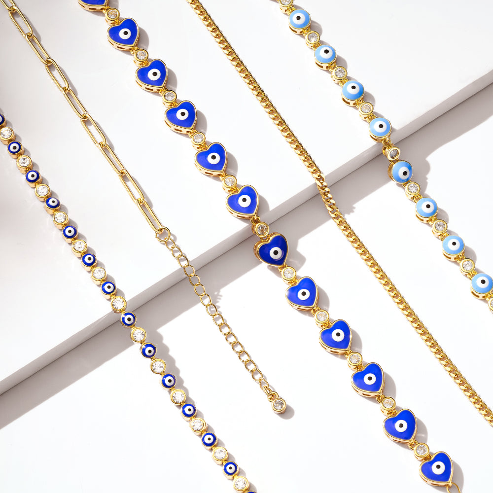 Stylish 14k Gold Plated Evil Eye Bracelet with Light Blue Eyes