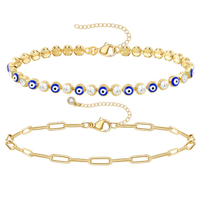 14k Gold Plated Dainty Layered Evil Eye Bracelets with Dark Blue Eyes