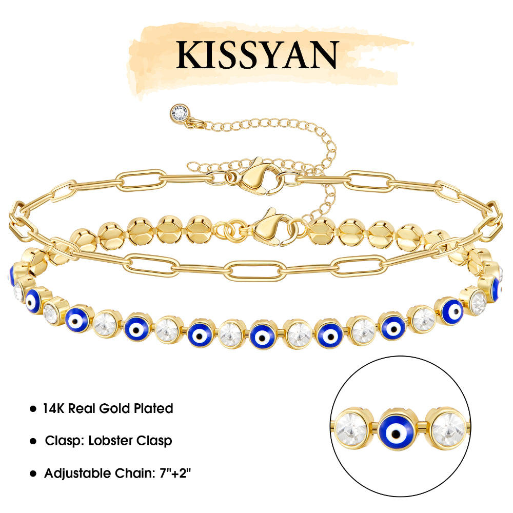 Elegant 14k Gold Plated Evil Eye Bracelet with Dark Blue Eyes