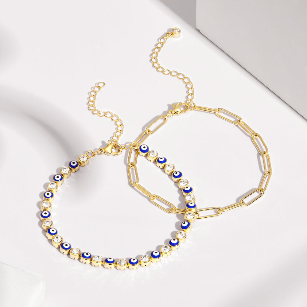 Elegant 14k Gold Plated Evil Eye Bracelet with Dark Blue Eyes