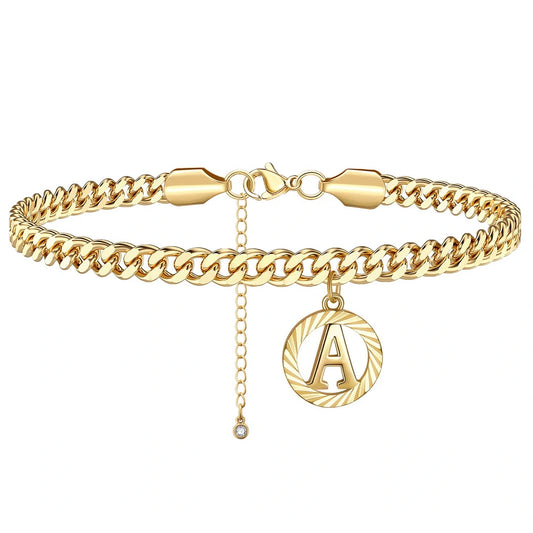 14K Gold Plated Cuban Link Anklet with Initial Pendant on White Background