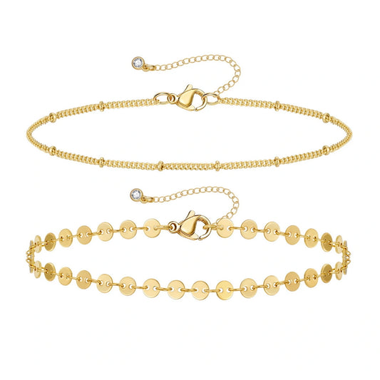 Dainty 14k Gold Plated Sequin & Satellite Layering Anklets Bracelets Set on white background