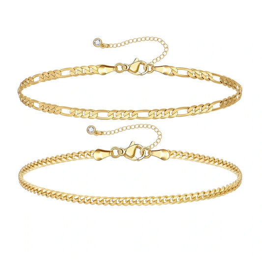 Dainty 14K Gold Plated Layering Anklet Bracelet Set with Figaro & 3mm Cuban Chains