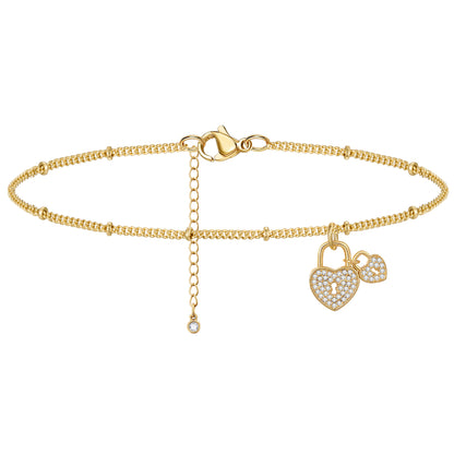 Dainty 14k Gold Plated Adjustable Anklet with Heart Lock Charm