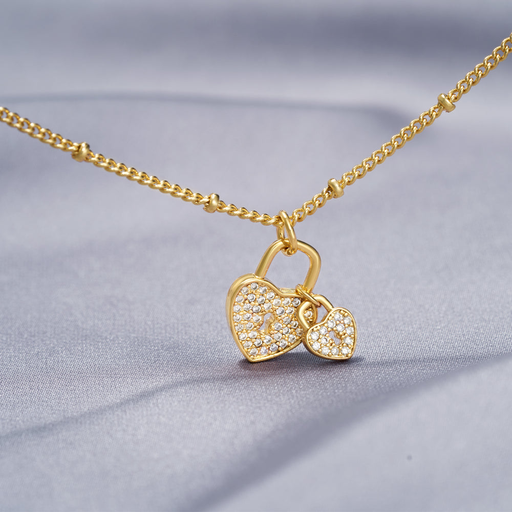 Close-up of Heart Lock Charm on 14k Gold Plated Anklet