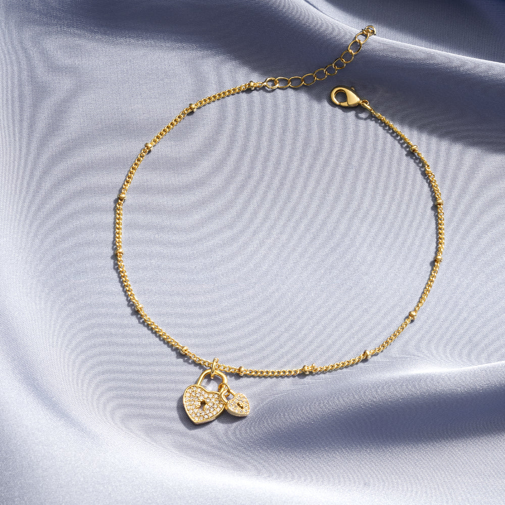 Gold Plated Heart Lock Charm Anklet, Adjustable for Perfect Fit