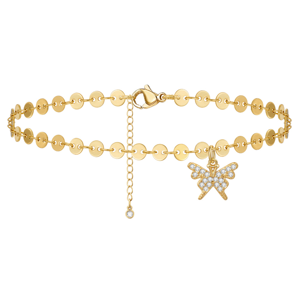 Dainty 14k Gold Plated Adjustable Anklet with Butterfly Charm